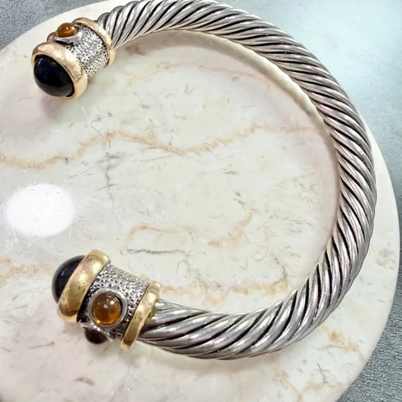 Vintage Two Tone Sliver/Gold Twisted Cable Bangle Cuff Bracelet With Cabochons - Picture 4 of 6